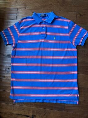 Men’s Polo Ralph Lauren Blue & Salmon Striped Polo - Size XXL